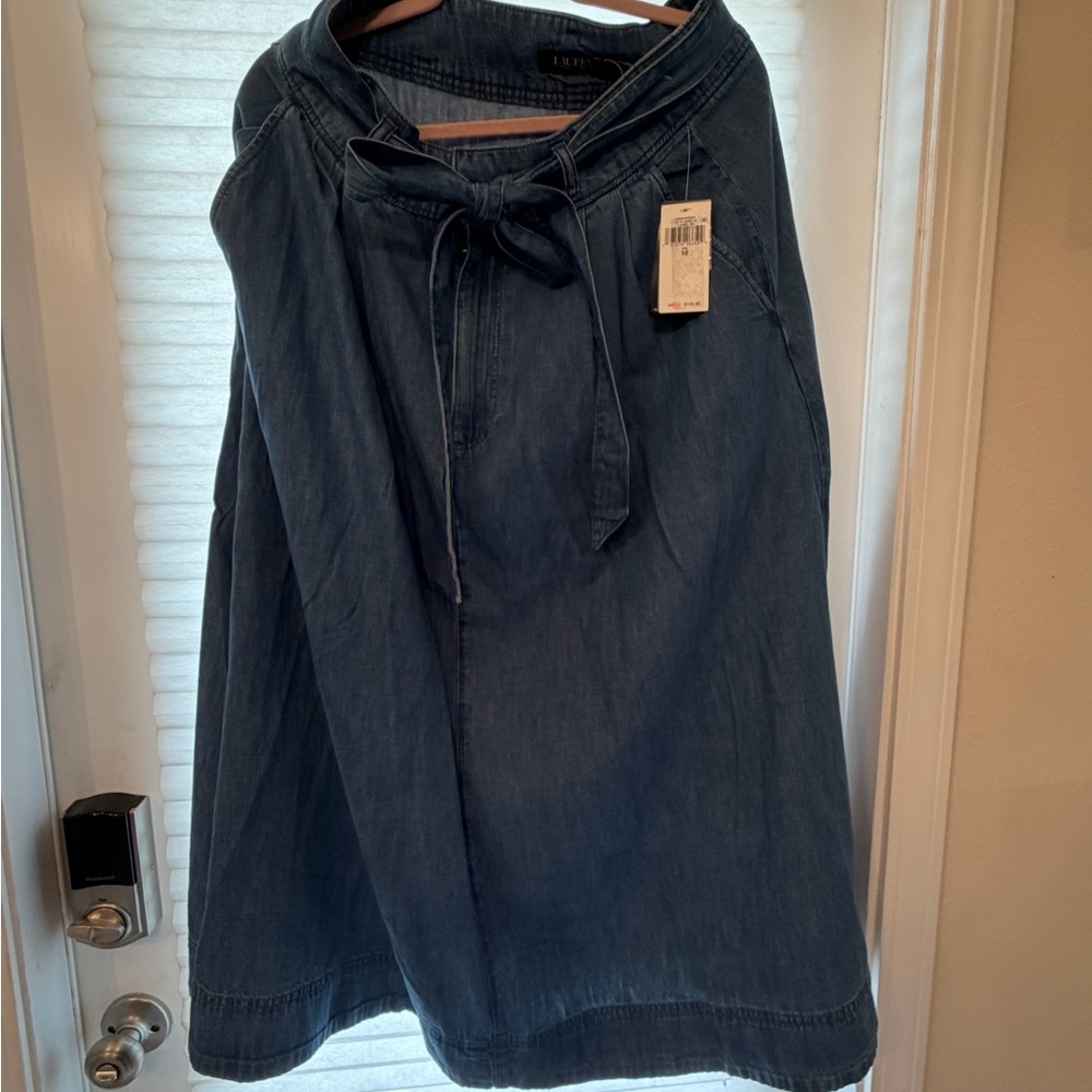 Lauren Ralph Lauren Dark Blue Denim Midi Skirt with Tie Waist